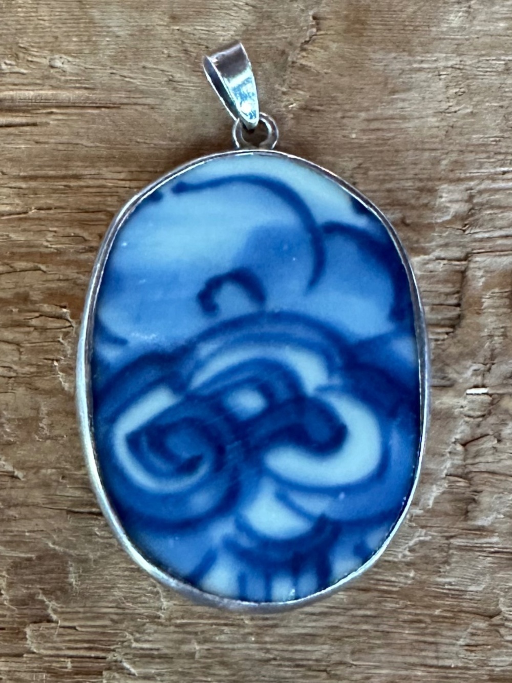 Vintage Ming Blue White Porcelain Shard Sterling Silver Pendant
